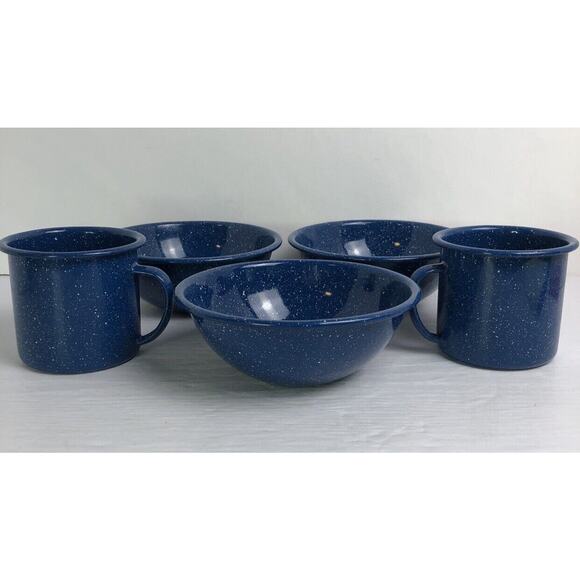 Enamelware Blue White Speckle Metal Outdoors Camping RV Cowboy 3 Bowls & 2 Cups - Picture 4 of 13